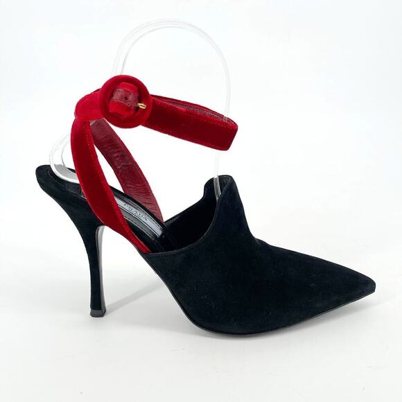 Prada Black Suede Red Velvet Ankle Strap Open Back Pointed Toe Pump IT 38.5 - Picture 3 of 12